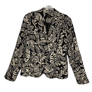ELCC Blazer Womens M Black Cream Batik Leaf Floral Print 3 Button Jacket Vintage